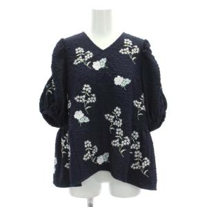 23SS フラワー刺繍 パフスリーブ トップス カットソー 半袖 0 紺 ネイビー /DF OS
