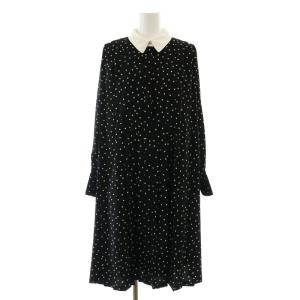 Aラインシャツプリーツワンピース 膝丈 長袖 ドット 水玉 36 黒 白 ブラック ホワイト