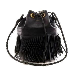 カーニバル ショルダーバッグ 巾着 フリンジ ドローストリング レザー 黒 ブラック /AK4