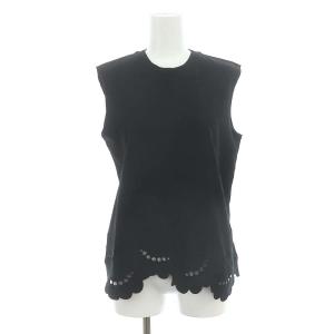裾カットワークデザインノースリーブトップ カットソー クルーネック プルオーバー XS 黒 ブラック /CX