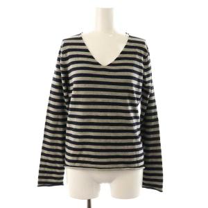 ウール Vネック ボーダー ニット プルオーバー セーター 長袖 カットオフ S 黒 ブラック グレー