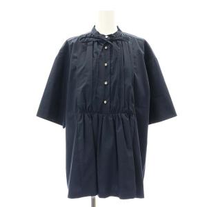22SS フロントリボンブラウス シャツ 五分袖 ピンタック バンドカラー 金ボタン 1 紺 ネイビー