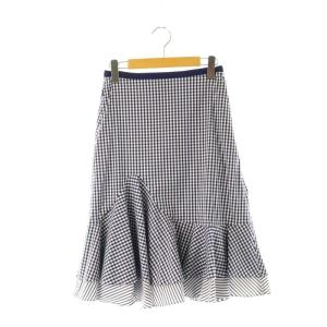 グレースフルペタル ギンガムチェック スカート 膝丈 裾フレア 38 紺 白 ネイビー ホワイト 40295