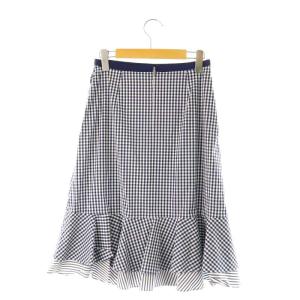 FOXEY NEW YORK グレースフルペタル ギンガムチェック スカート 膝丈 裾フレア 38 紺 白 ネイビー ホワイト 40295