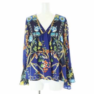 チェーンフラワープリントトップ ブラウス 長袖 Vネック 総柄 36 S 青 ブルー