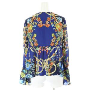 GRACE CONTINENTAL チェーンフラワープリントトップ ブラウス 長袖 Vネック 総柄 36 S 青 ブルー