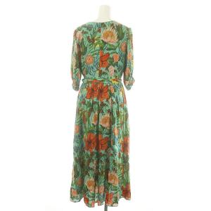 GRACE CONTINENTAL 23SS オリエンタルフラワープリントワンピース ロング丈 ミモレ丈 五分袖 Vネック ベルト付き 36 S 緑 グリーン