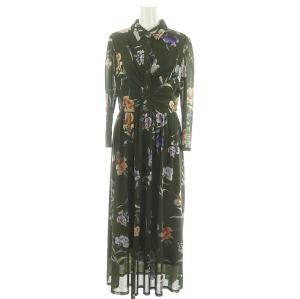 23AW チュールプリントシャツワンピース ロング 長袖 S カーキ マルチカラー