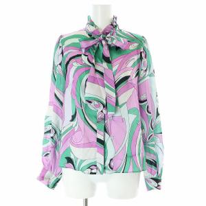 23SS サイケプリントボウタイブラウス 長袖 フリルカラー 36 S 紫 パープル 緑 グリーン