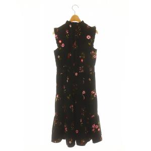 kate spade new york フラワープリントノースリーブワンピース ロング フリル S 黒 ブラック マルチカラー