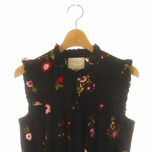 kate spade new york フラワープリントノースリーブワンピース ロング フリル S 黒 ブラック マルチカラー