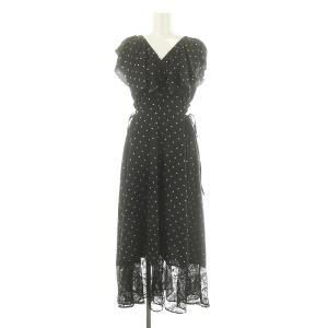 23SS ウエストスリットワンピース Vネック 半袖 トッド 水玉 レース 切替 0 黒 ブラック /MF