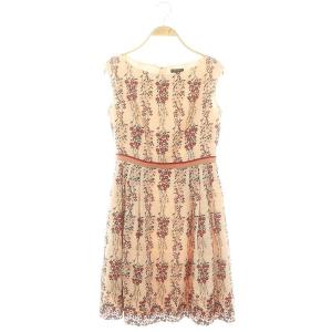 花刺繍 ノースリーブワンピース ひざ丈 2 ピンク 赤 緑 /DF OS