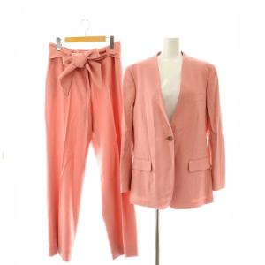 スーツ セットアップ 上下 2点セット ノーカラージャケット パンツ スラックス ベルト付き 40 42 ピンク