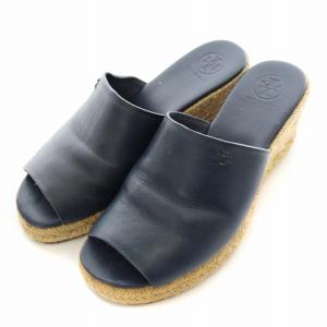 TORY BURCH サンダル ラウンドトゥ ウェッジソール エスパドリーユ レザー ロゴ 6 黒 ブラック /BB OF