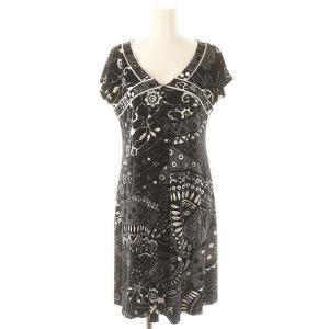 ファッション FASHION 総柄 フレンチスリーブ ワンピース 膝丈 40 黒 白 ブラック ホワイト