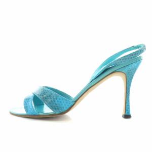 MANOLO BLAHNIK ストラップサンダル ラウンドトゥ ハイヒール レザー パイソン 38 青 ブルー