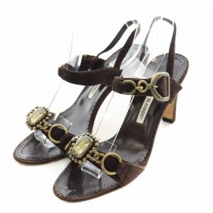 ストラップサンダル アンクル ラウンドトゥ チャンキーヒール スエード 37.5 茶 ブラウン