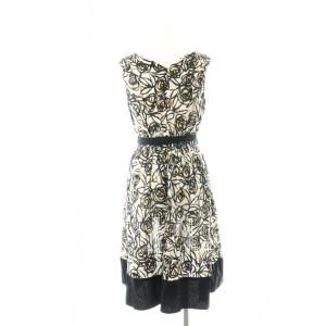 M'S GRACY ノースリーブワンピース フレア ひざ丈 バラ柄 38 M 黒 ブラック ベージュ