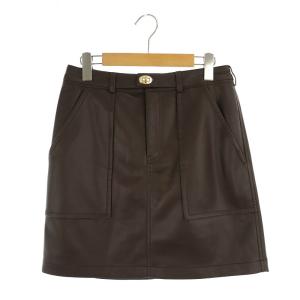 23AW エコレザースカート ミニ 台形 ストレッチ 38 茶 ブラウン