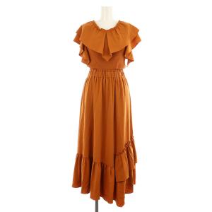 22SS フリルニットワンピース ロング 半袖 切替 36 茶 ブラウン