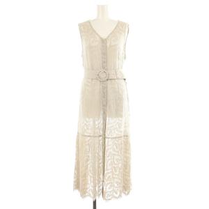 ハートコードレースワンピース ロング ノースリーブ Vネック ベルト付 38 ライトベージュ