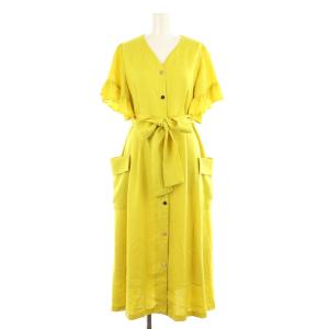 リネンタッチフリルスリーブワンピース ロング 半袖 Vネック ベルト付 38 黄 イエロー