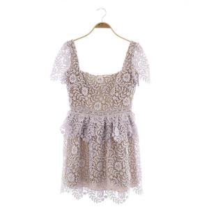 ドレス ワンピース ミニ 半袖 総レース スクエアネック ペプラム UK8 ラベンダー /MY OS