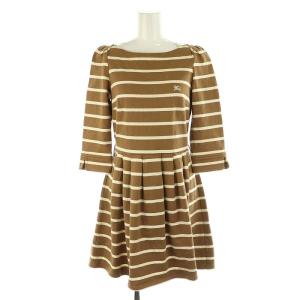 ボーダー ワンピース 膝丈 七分袖 38 茶 ブラウン ベージュ /MI OS
