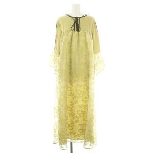 オーガンジーワンピース ロング マキシ丈 九分袖 花柄 F 黄色 イエロー /MI OS