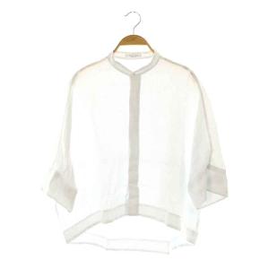 24SS リネンシャーティング クロップドシャツ 七分袖 バンドカラー 比翼ボタン ドルマンスリーブ 36