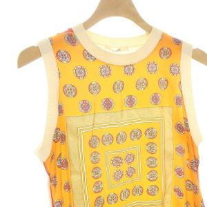 CELINE フィービー期 スカーフ柄 ドッキング ノースリーブニット タンクトップ 切替 シルク S アイボリー オレンジ マルチカラー