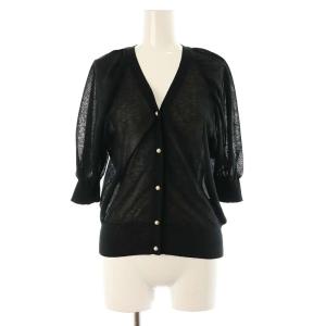 シアーギャザーニット カーディガン 七分袖 Vネック 36 黒 ブラック
