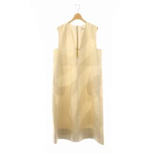 23SS ディスチャージプリントワンピース ロング ノースリーブ Vネック リネン混 38 アイボリー