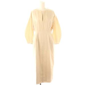 ウエストシェイプ パフスリーブワンピース ロング 長袖 キーネック 38 ピンクベージュ /ES OS