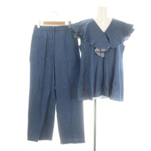 セットアップ 上下 フリルフレンチスリーブブラウス Vネック ストレートパンツ センタープレス ジッパーフライ