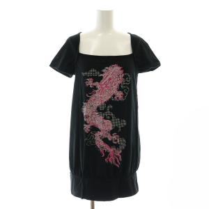 半袖カットソー チュニック スクエアネック ドラゴン柄 プリント 0 XS 黒 ブラック