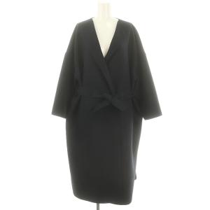 近年モデル スプリング リバーコート ノーカラーコート ロング ボタンレス ベルト付き 1 紺 ネイビー