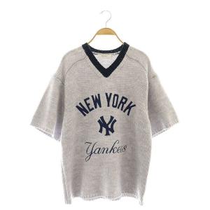 24AW  MLB KNIT Tシャツ ニット セーター 半袖 アップリケ ニューヨークヤンキース グレー