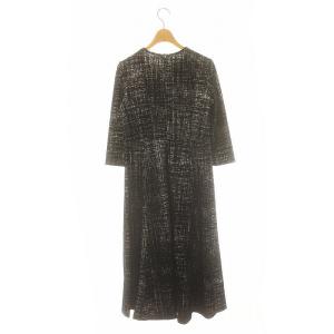 ANAYI フロッキープリント フレアワンピース ロング丈 マキシ丈 長袖 36 S 黒 ブラック 白 ホワイト