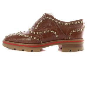 Christian Louboutin スタッズ 型押し レースアップシューズ スクエアトゥ 37 24cm 茶色 ブラウン /SR32
