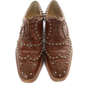 Christian Louboutin スタッズ 型押し レースアップシューズ スクエアトゥ 37 24cm 茶色 ブラウン /SR32