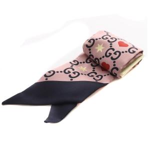 GUCCI シルク GG柄 リボンスカーフ 総柄 ピンク 黒 ブラック 609702