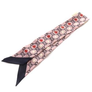 GUCCI シルク GG柄 リボンスカーフ 総柄 ピンク 黒 ブラック 609702