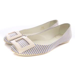 フラットストライプ パンプス 34.5 21.5cm 白 ホワイト 青 ブルー /SR38