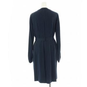 Brooks Brothers ストライプ柄ワンピース ミモレ ロング 長袖 クルーネック 0 XS 紺 ネイビー