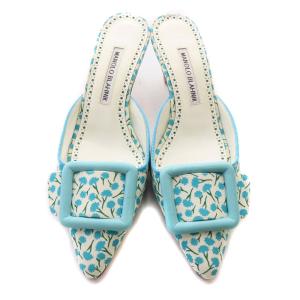 MANOLO BLAHNIK MAYSALEBI フラワーミュール 36 ブルー ホワイト