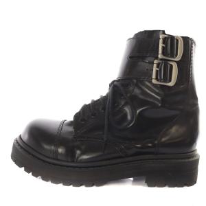 ダブルバックル レースアップブーツ ショート レザー SS 24.5cm 黒 ブラック /SR SH