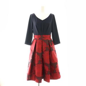 ジャカードタックワンピース ロング ミモレ 七分袖 Vネック 36 濃紺 ボルドー 赤