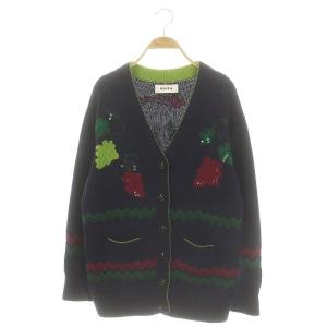ネコモチーフカーディガン ニット 長袖 Vネック スパンコール装飾 38 紺 ネイビー マルチカラー